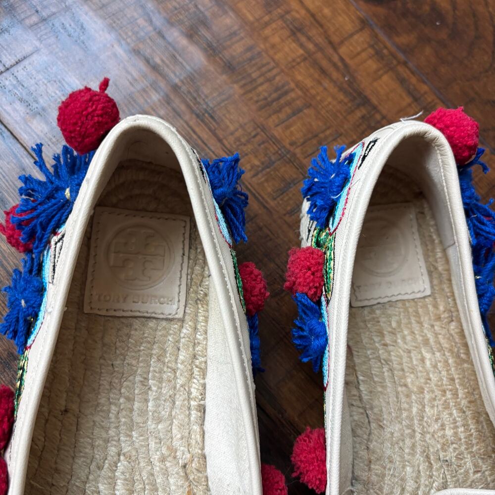 Tory Burch Ellis Pom-pom Embroidered Leather Textile Espadrille Flats Size 8 - Picture 3 of 13